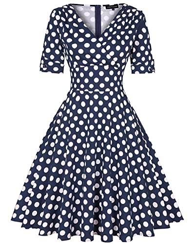 MINTLIMIT Damen 1950er Rockabilly Cocktailkleid Partykleid Retro Vintage Swing Kleider Kurzarm V-Ausschnitt Polka Dots_Marineblau,XX-Large von MINTLIMIT
