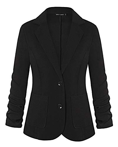 MINTLIMIT Damen 3/4 Geraffte Ärmel Vorne Offen Leicht Arbeit Büro Blazer Jacke mit Seitentaschen(Schwarz,Größe XL) von MINTLIMIT