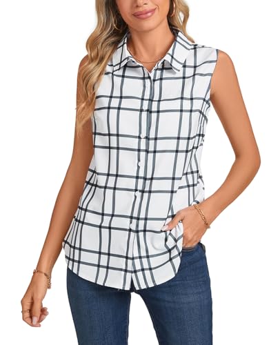 MINTLIMIT Damen Ärmellos Bluse Klassische V-Ausschnitt Knöpfen Hemden Sommer Kariertblusen Top Casual Arbeit Büro Blusen von MINTLIMIT