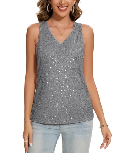 MINTLIMIT Damen Ärmellos Blusen Glitzer Tank Top Sommer Oberteile V-Ausschnitt Blusen Tops (Grau M) von MINTLIMIT