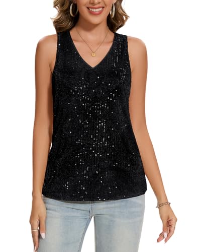 MINTLIMIT Damen Ärmellos Tunika Glitzer Tank Top Elegant Festlich Oberteil V-Ausschnitt Blusentop (Schwarz L) von MINTLIMIT