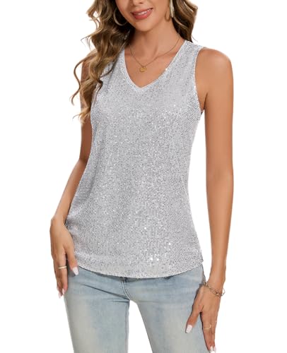 MINTLIMIT Damen Ärmellos Tunika Glitzer Tank Top Elegant Festlich Oberteil V-Ausschnitt Blusentop (Silbrig L) von MINTLIMIT
