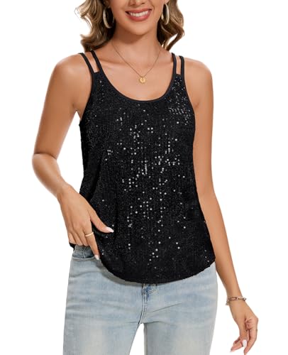 MINTLIMIT Damen Ärmellos Tunika Glitzer Tank Top Elegant Festlich Vest Top Spaghetti Oberteil (Schwarz L) von MINTLIMIT