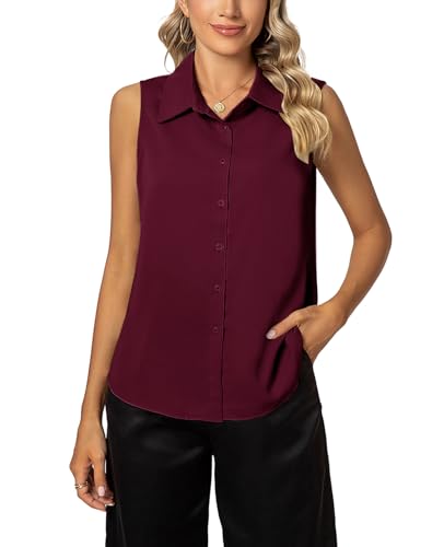MINTLIMIT Damen Ärmelloses Button-Down-Shirt Basic Solid Collared Work Bluse für Frauen 2023, 303_wine red, XS von MINTLIMIT