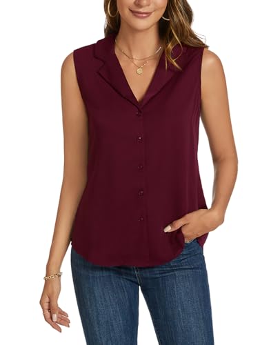 MINTLIMIT Damen Ärmelloses Button-Down-Shirt Basic Solid Kragen Arbeitsbluse für Frauen 2023, 6313_wine Red, M von MINTLIMIT