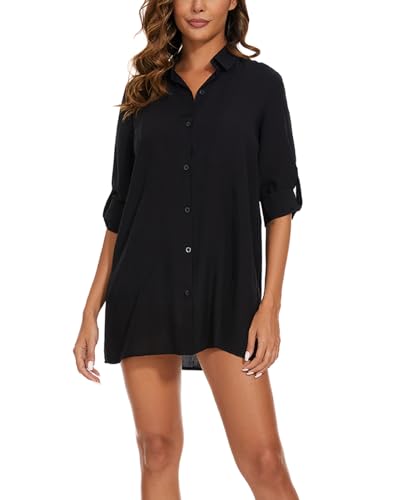 MINTLIMIT Damen Bikini Cover Up Button Down Bluse Hemd Langarm Knopfleiste Shirt Oversize Sexy (Schwarz XXL) von MINTLIMIT