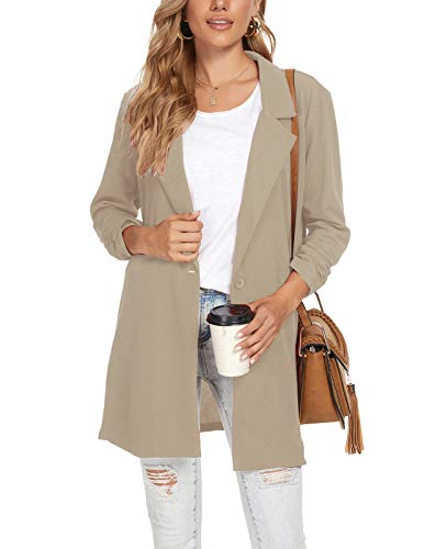 MINTLIMIT Damen Blazer lang Revers Elegant Jacke Damenjacke Strickjacke Knopfleiste (Khaki, M) von MINTLIMIT