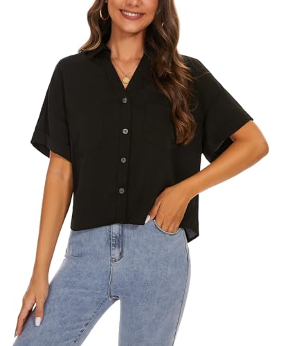 MINTLIMIT Damen Bluse Button Down V-Ausschnitt Hemd Elegant Tunika Tops Crop Shirts Sommer (Schwarz XL) von MINTLIMIT