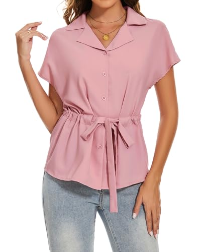 MINTLIMIT Damen Bluse Chiffon mit Gürtel Hemd Elegant Dolman Kurzarm Oberteile mit Knöpfen Tops (Himmelblau S) von MINTLIMIT