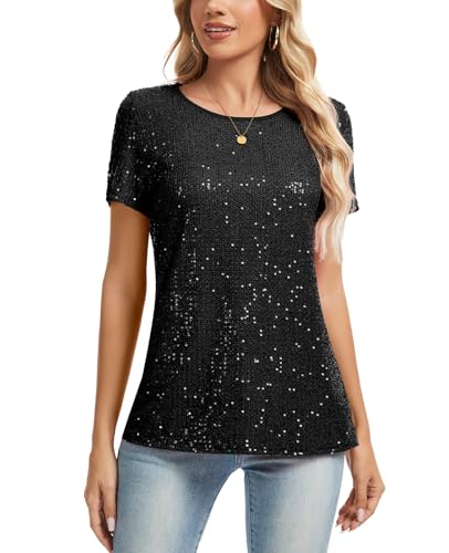 MINTLIMIT Damen Bluse Pailletten Metallic Oberteil Rundhals Tops Cap Ärmel T-Shirt Elegante (Schwarz XL) von MINTLIMIT