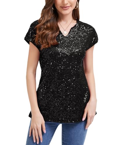 MINTLIMIT Damen Bluse Pailletten Metallic Oberteil V Ausschnitt Tops Cap Ärmel T-Shirt Elegante (Schwarz XL) von MINTLIMIT
