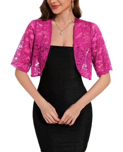 MINTLIMIT Damen Bolero Spitze Jacke Festlich Kurz Cardigan Kurzarm Offene Strickjacke (Hot Pink XXL) von MINTLIMIT