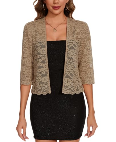 MINTLIMIT Damen Bolero Spitze Offene Vorne Strickjacke 3/4 Ärmel Cardigan Lässige Oberteil (Khaki XL) von MINTLIMIT