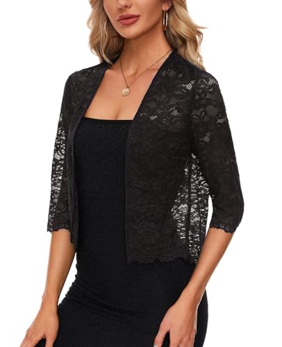 MINTLIMIT Damen Bolero Spitze Offene Vorne Strickjacke 3/4 Ärmel Cardigan Sexy Bolerojacke (Schwarz XXL) von MINTLIMIT