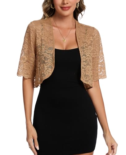 MINTLIMIT Damen Bolero Spitzen Jacke Festlich Kurz Cardigan Kurzarm Offene Strickjacke Boleroshrug (Khaki L) von MINTLIMIT