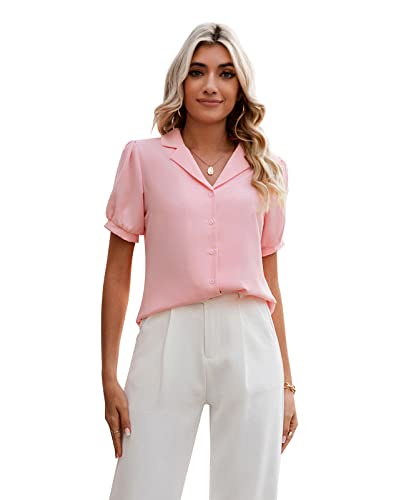 MINTLIMIT Damen Button Down Shirt Kurze Ärmel Shirt V-Ausschnitt Puffärmel Arbeit Bluse Tops von MINTLIMIT