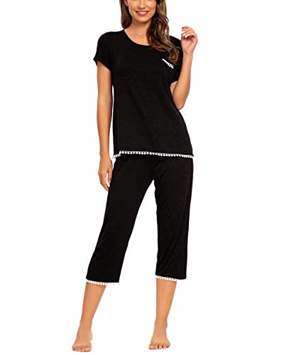 MINTLIMIT Damen Capri Pyjama Schlafanzug Kurzarm Nachthemd Caprihose Zweiteilig Hose (Schwarz,Größe XL) von MINTLIMIT