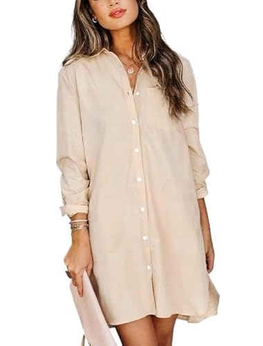 MINTLIMIT Damen Casual Langarm Button Down Hemdkleid Oversize Badeanzug Cover Up für Frauen 2024 S-2XL, 75_Beige, XL von MINTLIMIT
