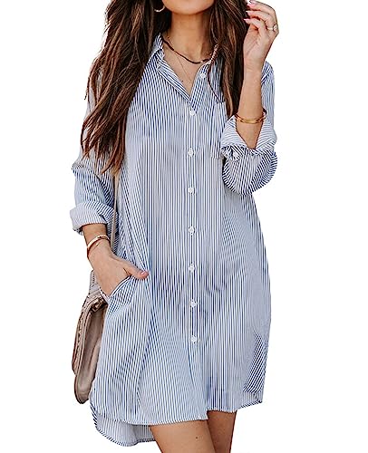 MINTLIMIT Damen Casual Langarm Button Down Hemdkleid Oversize Badeanzug Cover Up für Frauen 2024 S-2XL, 75_Navy Stripe, S von MINTLIMIT