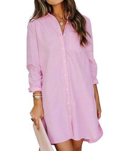 MINTLIMIT Damen Casual Langarm Button Down Hemdkleid Oversize Badeanzug Cover Up für Frauen 2024 S-2XL, 75_Pink, XXL von MINTLIMIT