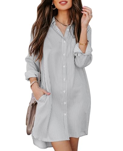 MINTLIMIT Damen Casual Langarm Button Down Hemdkleid Oversize Badeanzug Cover Up für Frauen 2024 S-2XL, 75_hellgrau gestreift, XL von MINTLIMIT