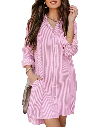 MINTLIMIT Damen Casual Langarm Button Down Hemdkleid Oversize Badeanzug Cover Up für Frauen 2024 S-2XL, 75_pink gestreift, M von MINTLIMIT