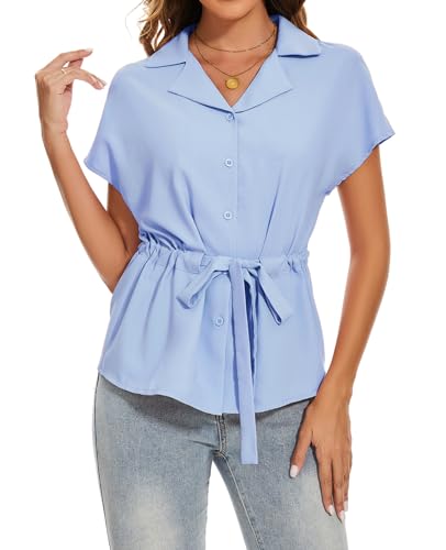 MINTLIMIT Damen Chiffon Hemd mit Gürtel Hemd Elegant Kurzarm Oberteile Button Down Tops Slim (Pink M) von MINTLIMIT