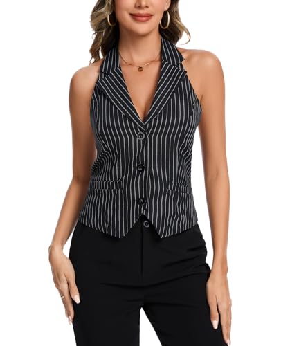 MINTLIMIT Cropped-Weste für Damen, 3 Knöpfe, Neckholder, Revers, formeller Smoking, Anzugweste, einzelne Leistentaschen, Büroweste, X-black_white Stripe, XL von MINTLIMIT