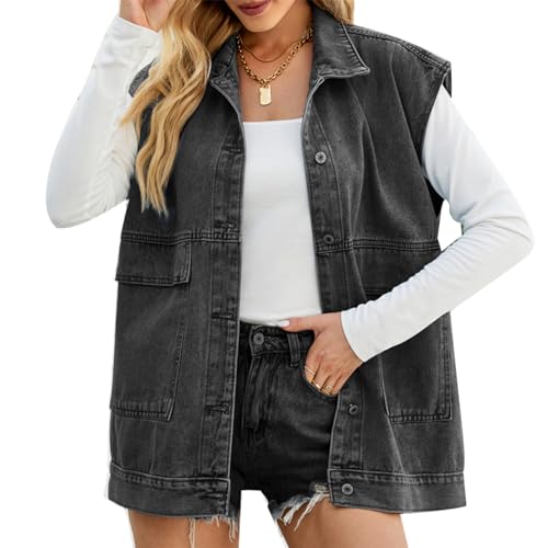 MINTLIMIT Damen Denim Weste Ärmellos Knopf Distressed Jeansjacke Casual Oversized Denim Weste mit Taschen, 985#Schwarz, M von MINTLIMIT