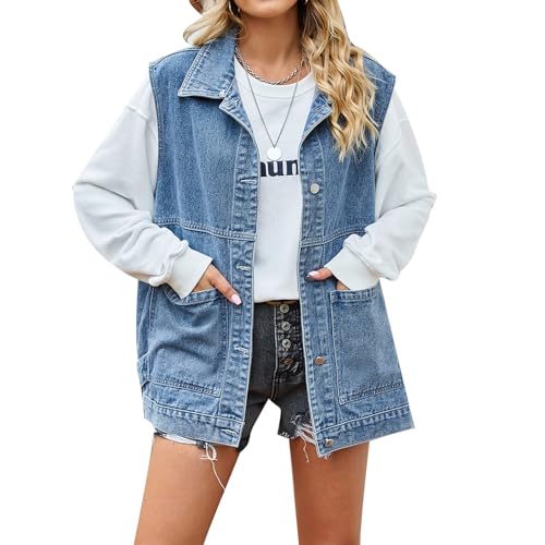 MINTLIMIT Damen Denim Weste Ärmellos Knopf Distressed Jeansjacke Casual Oversized Denim Weste mit Taschen, 987#Blau, L von MINTLIMIT