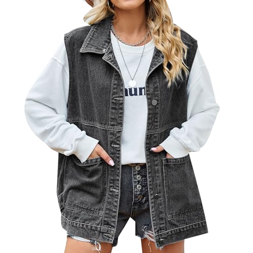 MINTLIMIT Damen Denim Weste Ärmellos Knopf Distressed Jeansjacke Casual Oversized Denim Weste mit Taschen, 987#Grau, M von MINTLIMIT