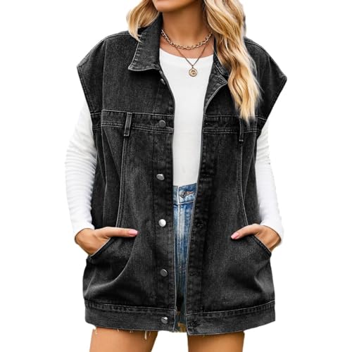 MINTLIMIT Damen Denim Weste Revers Knopf Distressed Ärmellos Jeansjacke Casual Oversized Denim Weste mit Taschen, 986#Schwarz, XL von MINTLIMIT
