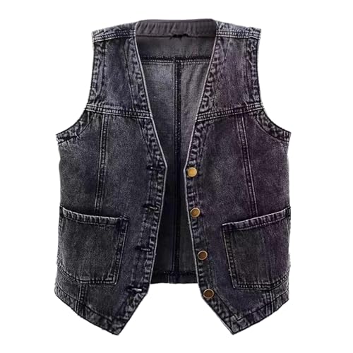 MINTLIMIT Damen Denim Weste Tops 2025 Y2K Button Down V-Ausschnitt Ärmellos Button Down Jeans Weste Jacke, Schwarz , XXL von MINTLIMIT