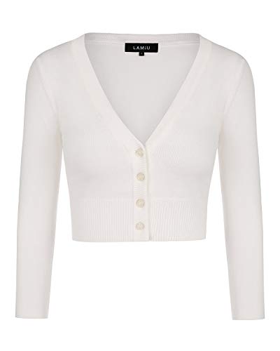 MINTLIMIT Damen Elegant Bolero V-Ausschnitt Kurz-Strickweste 3/4 Ärmel Strickjacke Bolerojacke Schulterjacke (Weiß,XXL) von MINTLIMIT