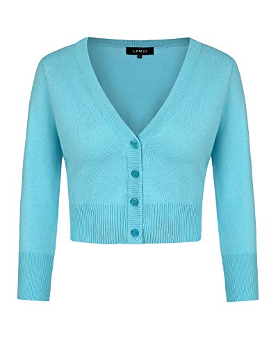 MINTLIMIT Damen Elegant Bolero V-Ausschnitt Kurz-Strickweste 3/4 Ärmel Strickjacke Bolerojacke Schulterjacke Himmelblau XXL von MINTLIMIT