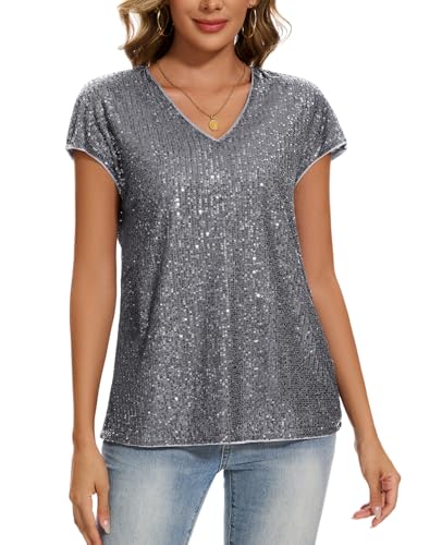 MINTLIMIT Damen Elegant Pailletten Glitzer Oberteil Festliche Bluse Kurzarm Tunika Lässig V-Ausschnitt (Grau L) von MINTLIMIT