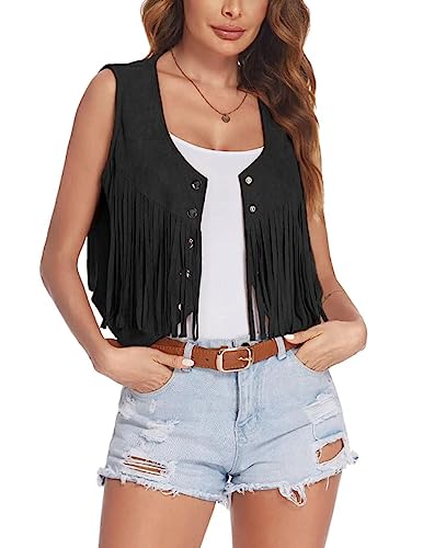 MINTLIMIT Damen Fransenweste Ärmellos Quaste Jacke Faux Wildleder Nieten Western Cowgirl Weste 70er Jahre Hippie Outfit, 273 # Schwarz, M von MINTLIMIT
