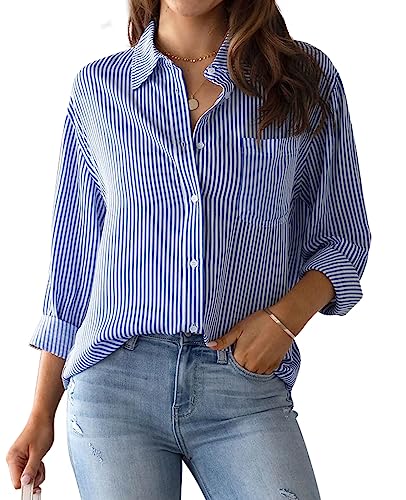MINTLIMIT Damen Gestreifte Button-Down-Shirts, Langarm Büro Casual Bluse Tops mit Tasche 2024 von MINTLIMIT