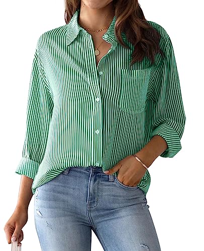 MINTLIMIT Damen Gestreifte Button-Down-Shirts, Langarm Büro Casual Bluse Tops mit Tasche 2024 von MINTLIMIT