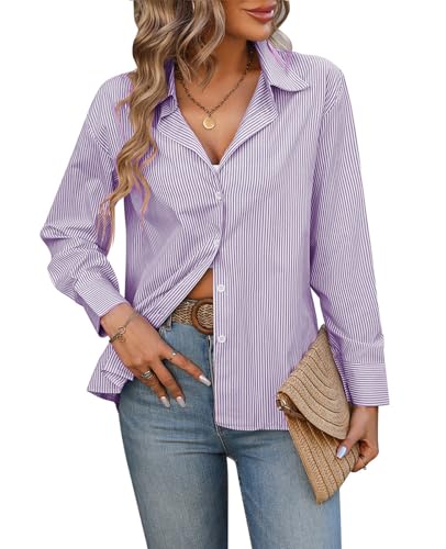 MINTLIMIT Damen Gestreifte Button-Down-Shirts Langarm Bluse Tops mit Tasche, 75_purple 02, S von MINTLIMIT