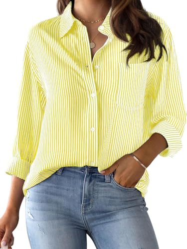 MINTLIMIT Damen Gestreifte Button-Down-Shirts Langarm Bluse Tops mit Tasche, 76_Yellow, L von MINTLIMIT