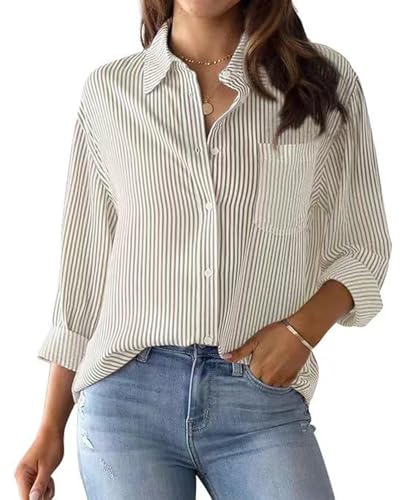 MINTLIMIT Damen Gestreifte oder Plaid Patchwork Button Down Shirts Langarm Casual Bluse Tops mit Taschen für Frauen 2023 S-2XL, 76_khaki, Small von MINTLIMIT