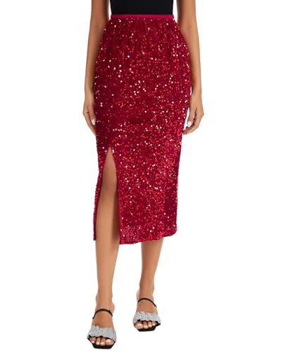 MINTLIMIT Damen Glitzer Lang Rock Samt Pailletten Bodycon Midi Röcke Hohe Taille Elegant Maxirock für Bankette und Partys Freizeitrock (Rot L) von MINTLIMIT