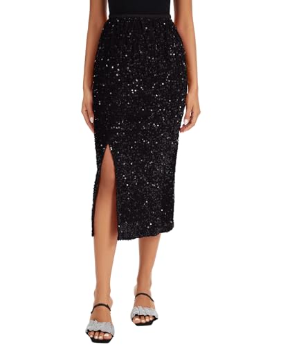 MINTLIMIT Damen Glitzer Lang Rock Samt Pailletten Bodycon Midi Röcke Hohe Taille Elegant Maxirock für Bankette und Partys Freizeitrock (Schwarz XXL) von MINTLIMIT
