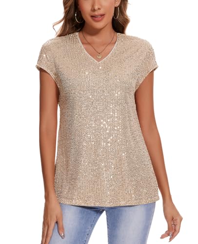 MINTLIMIT Damen Glitzer Shirt Kurzarm Oberteile Glitzertop Pailletten Festlich Tunika V-Ausschnitt (Hellgelb XL) von MINTLIMIT