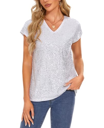 MINTLIMIT Damen Glitzer Shirt Kurzarm Oberteile Glitzertop Pailletten Festlich Tunika V-Ausschnitt (silbrig XL) von MINTLIMIT