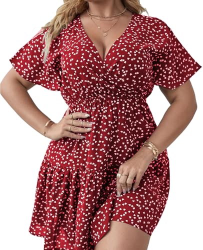 MINTLIMIT Damen Große Größen Midi Kleid Elegant V-Ausschnitt Casual Kurzarm Kleider A Linie Sommerkleid Freizeitkleider (Rot,4XL) von MINTLIMIT