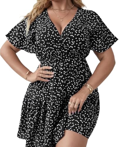 MINTLIMIT Damen Große Größen Midi Kleid Elegant V-Ausschnitt Casual Kurzarm Kleider A Linie Sommerkleid Freizeitkleider (Schwarz,3XL) von MINTLIMIT