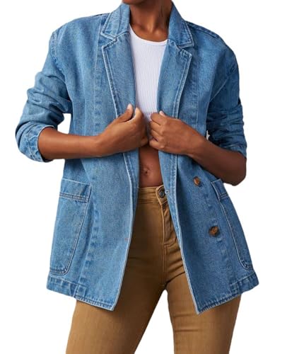 MINTLIMIT Damen Jeansjacke Langarm Knopfleiste gekerbtes Revers Jeansmantel Arbeit Büro Denim Blazer Jacke mit Taschen, 19_Blau, M von MINTLIMIT
