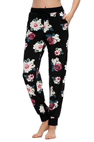 MINTLIMIT Damen Jerseyhose Lang Schlafanzughose Sporthose Sleep Hose mit Bindebändern (Blumen Schwarz,Größe L) von MINTLIMIT